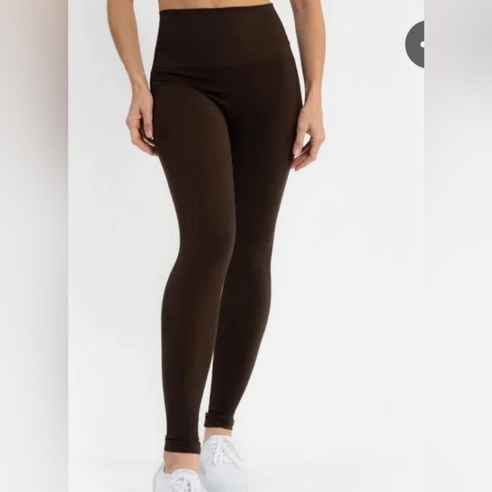 High-Waist Ribbed Leggings - Brown